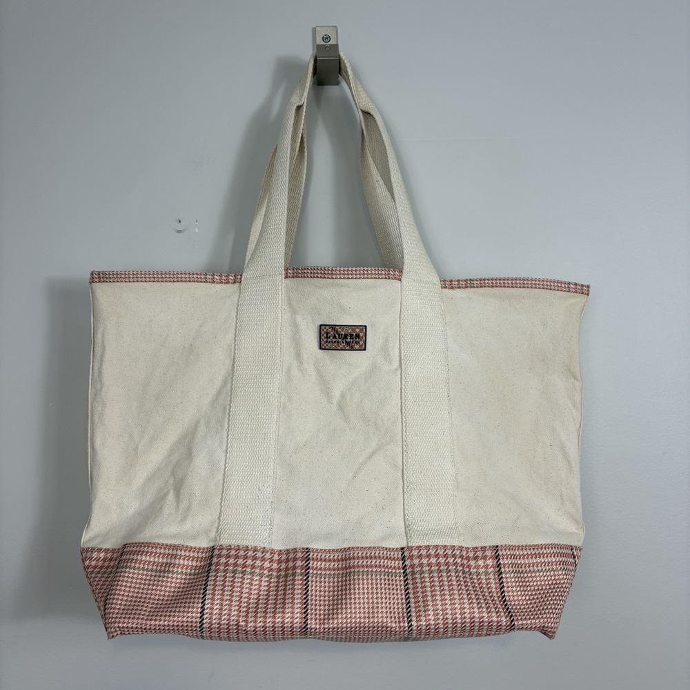 Vtg Lauren Ralph Lauren Canvas Tote Bag Plaid Accents XL Preppy